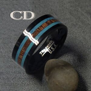 Men's Real Black Tungsten Wedding Ring Turquoise and Koa Wood Inalys